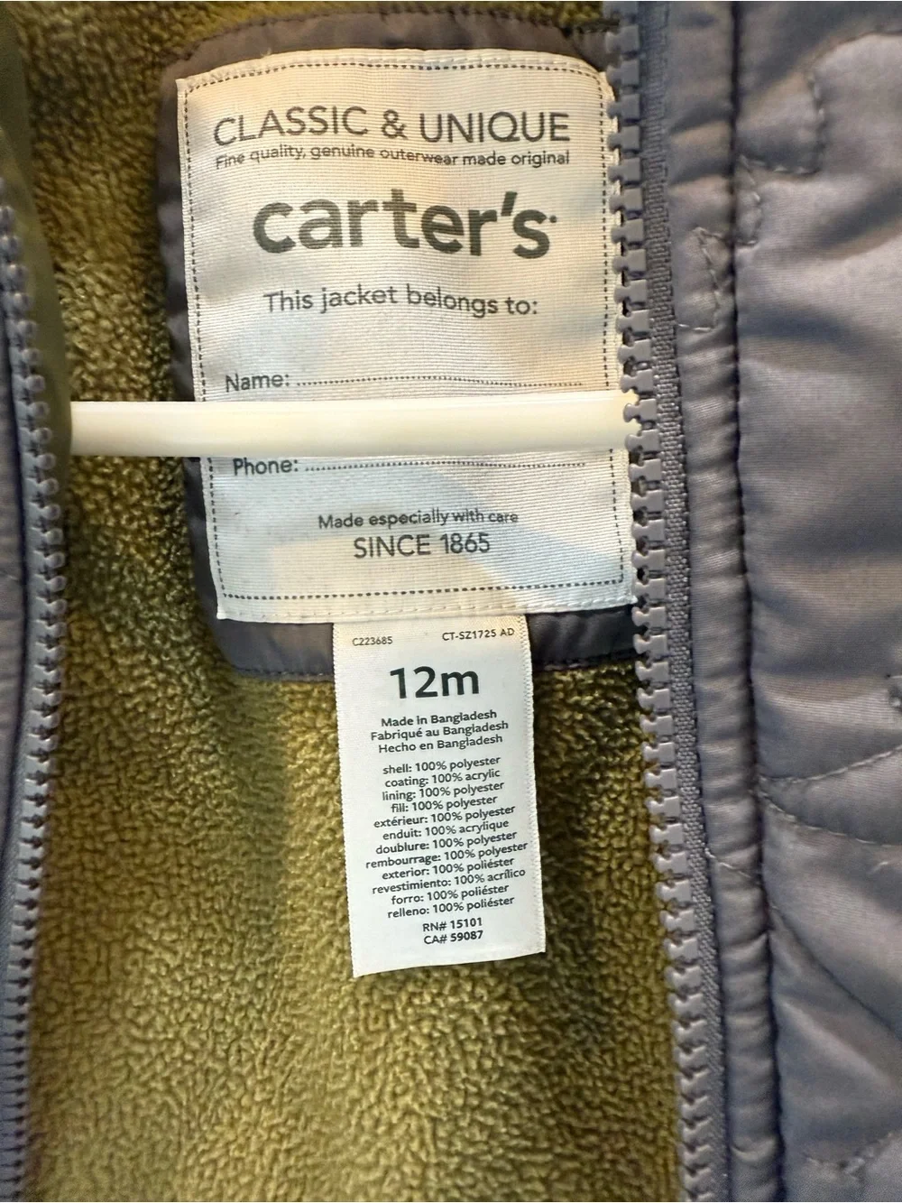 Carter's Grey Cozy Lined Toddler Jacket